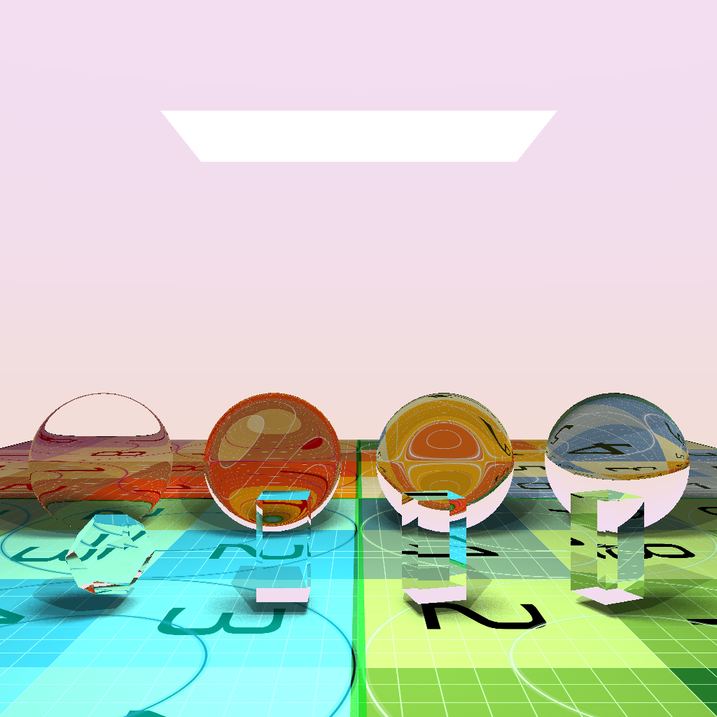 Refractions with spheres of varying index of refraction from left to right (1.01, 1.05, 1.10, 1.20)